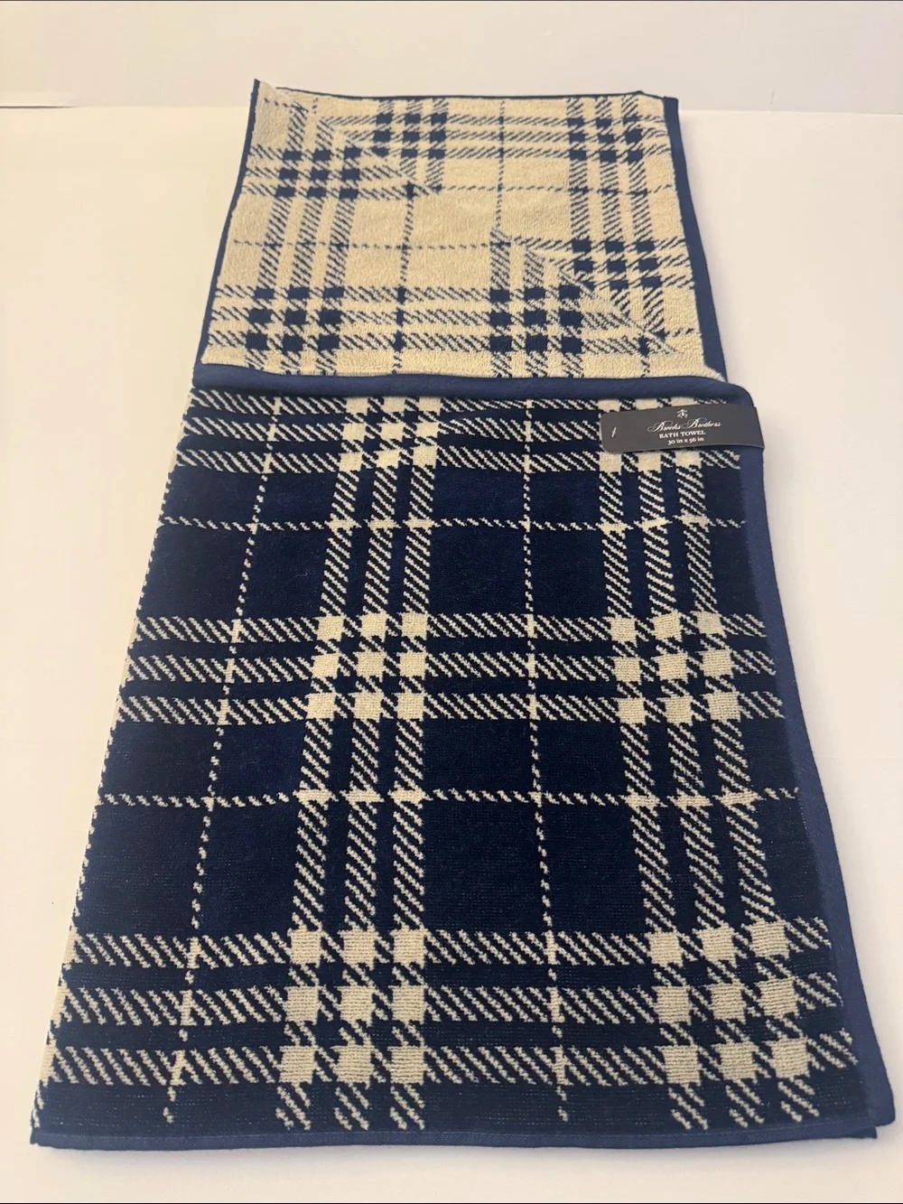 2pc BROOKS BROTHERS 100% Cotton Velour Plaid Bath Towel Set - Blue/Off White